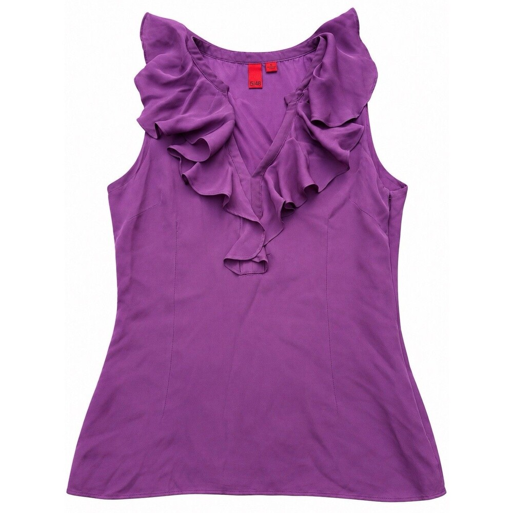 5/48 Saks Fifth Avenue Purple 100% Silk Ruffle Sleeveless Blouse Size S